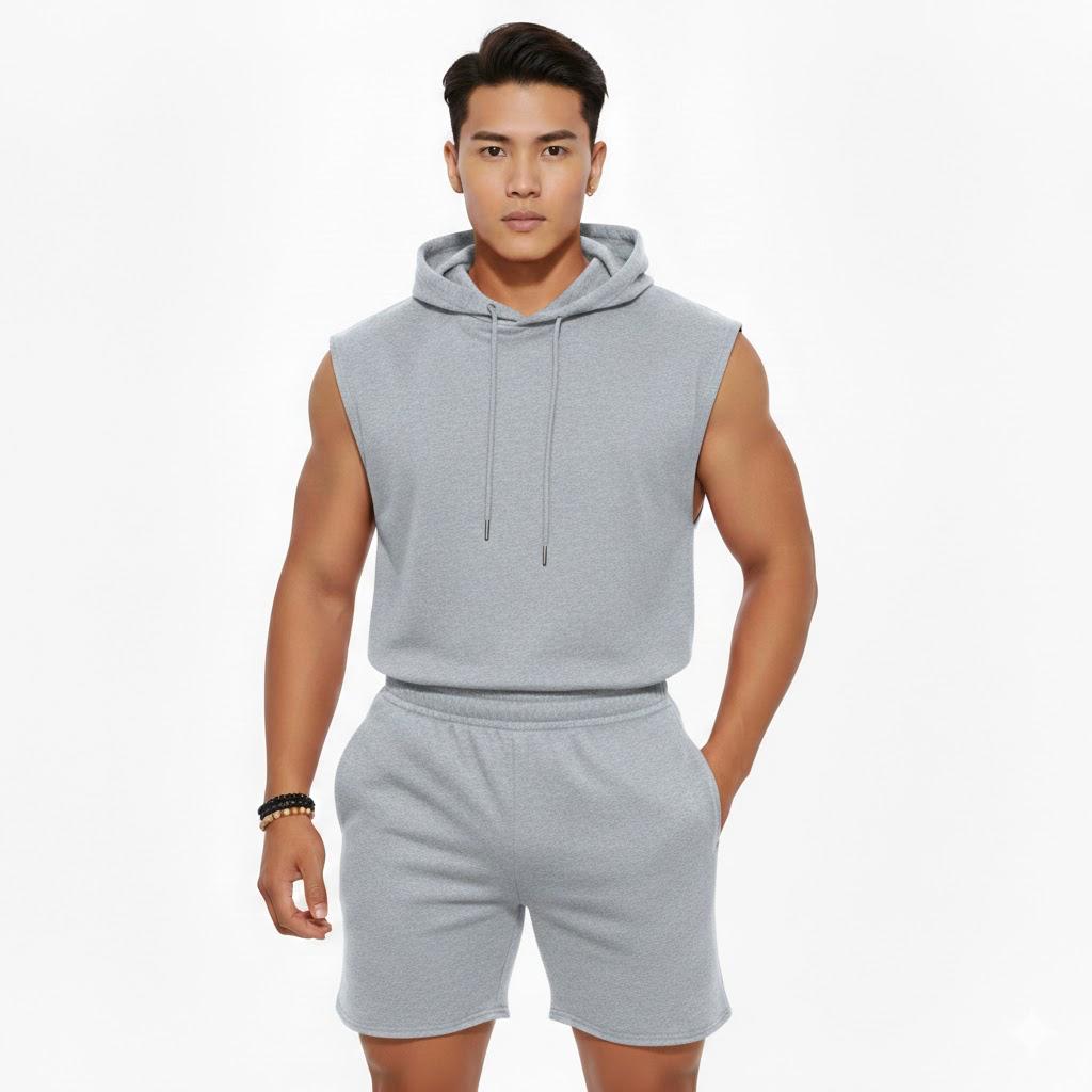Mens Sleeveless Hoodie Jogger Shorts Set